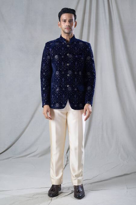 Arihant Rai Sinha Blue Velvet, Rayon Sequins Work Bandhgala And Pant Set Online at Aza Fashions Arihant Rai Sinha_Blue Velvet, Rayon Sequins Work Bandhgala And Pant Set _Online_at_Aza_Fashions