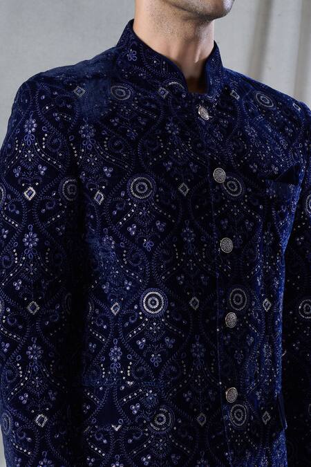 Buy Arihant Rai Sinha Blue Velvet, Rayon Sequins Work Bandhgala And Pant Set Online at Aza Fashions Buy_Arihant Rai Sinha_Blue Velvet, Rayon Sequins Work Bandhgala And Pant Set _Online_at_Aza_Fashions