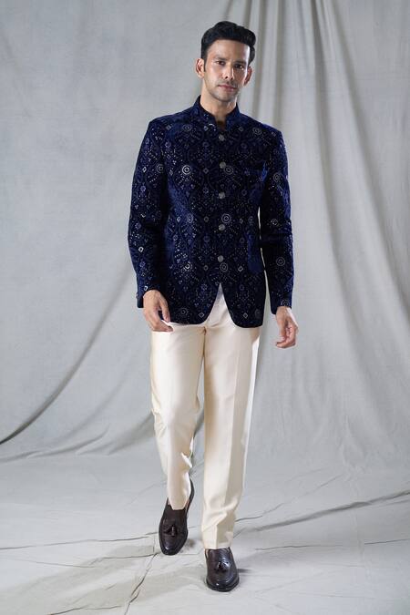 Shop Arihant Rai Sinha Blue Velvet, Rayon Sequins Work Bandhgala And Pant Set Online at Aza Fashions Shop_Arihant Rai Sinha_Blue Velvet, Rayon Sequins Work Bandhgala And Pant Set _Online_at_Aza_Fashions