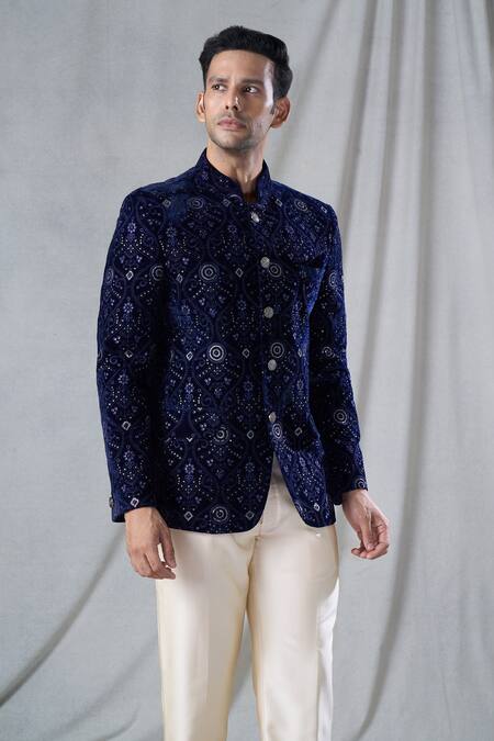 Arihant Rai Sinha Blue Velvet, Rayon Sequins Work Bandhgala And Pant Set at Aza Fashions Arihant Rai Sinha_Blue Velvet, Rayon Sequins Work Bandhgala And Pant Set _at_Aza_Fashions