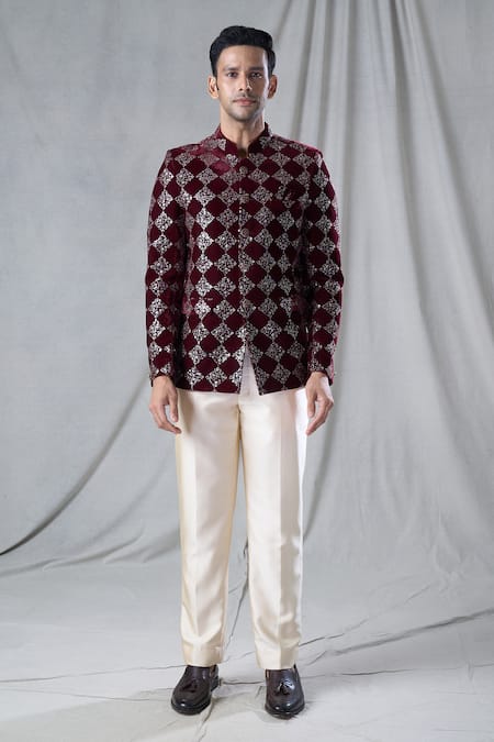Arihant Rai Sinha_Maroon Velvet, Terrycloth Sequins Work Bandhgala And Pant Set _Online_at_Aza_Fashions