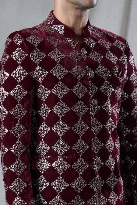 Arihant Rai Sinha_Maroon Velvet, Terrycloth Sequins Work Bandhgala And Pant Set _at_Aza_Fashions