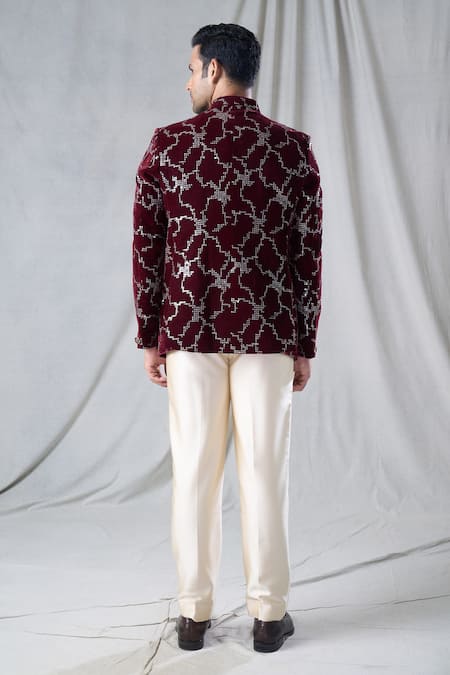 Arihant Rai Sinha Velvet Geometric Pattern Embroidered Bandhgala & Pant Set 