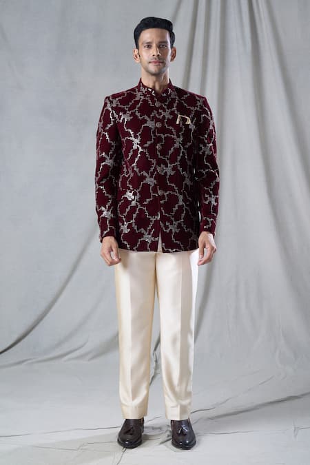 Arihant Rai Sinha_Maroon Velvet, Terrycloth Geometric Pattern Embroidered Bandhgala And Pant Set _Online_at_Aza_Fashions
