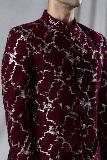 Buy_Arihant Rai Sinha_Maroon Velvet, Terrycloth Geometric Pattern Embroidered Bandhgala And Pant Set _Online_at_Aza_Fashions