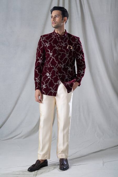 Shop_Arihant Rai Sinha_Maroon Velvet, Terrycloth Geometric Pattern Embroidered Bandhgala And Pant Set _Online_at_Aza_Fashions