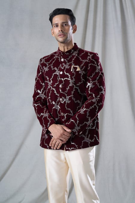 Arihant Rai Sinha_Maroon Velvet, Terrycloth Geometric Pattern Embroidered Bandhgala And Pant Set _at_Aza_Fashions