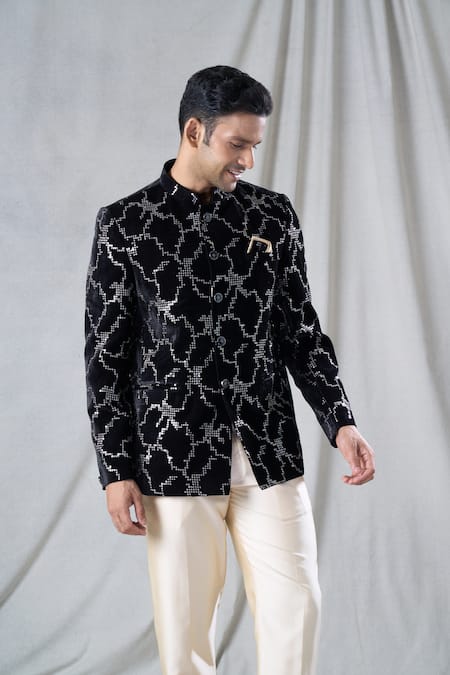 Buy_Arihant Rai Sinha_Black Velvet, Terrycloth Sequins Embroidered Bandhgala And Pant Set _Online_at_Aza_Fashions
