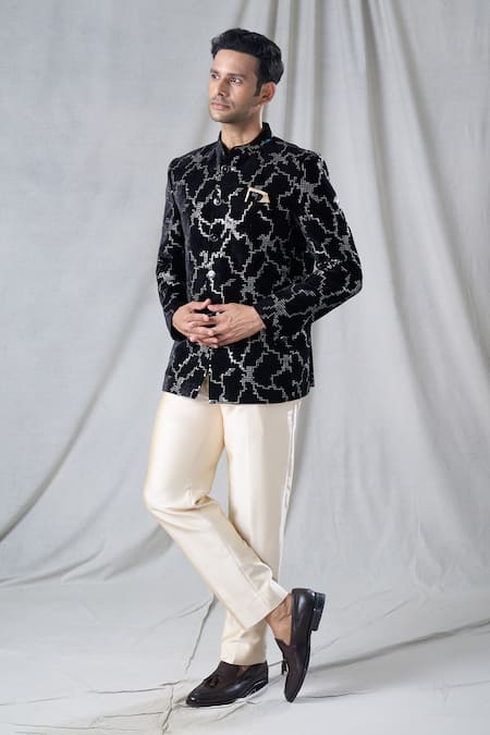 Arihant Rai Sinha_Black Velvet, Terrycloth Sequins Embroidered Bandhgala And Pant Set _at_Aza_Fashions