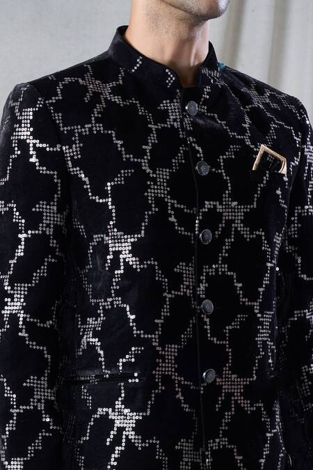 Shop_Arihant Rai Sinha_Black Velvet, Terrycloth Sequins Embroidered Bandhgala And Pant Set 