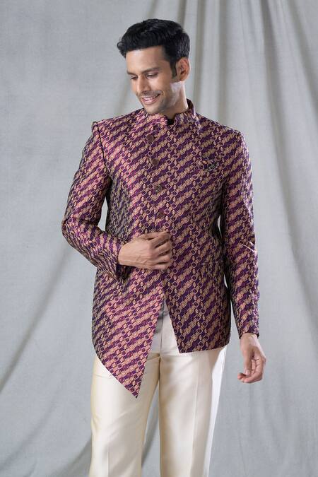 Arihant Rai Sinha_Red Jacquard, Terrycloth Embroidery Thread Bandhgala And Pant Set _at_Aza_Fashions