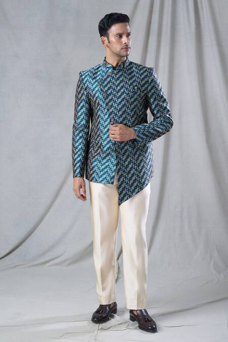 Shop Arihant Rai Sinha Green Jacquard, Rayon Embroidery Thread Work Bandhgala And Pant Set Online at Aza Fashions Shop_Arihant Rai Sinha_Green Jacquard, Rayon Embroidery Thread Work Bandhgala And Pant Set _Online_at_Aza_Fashions