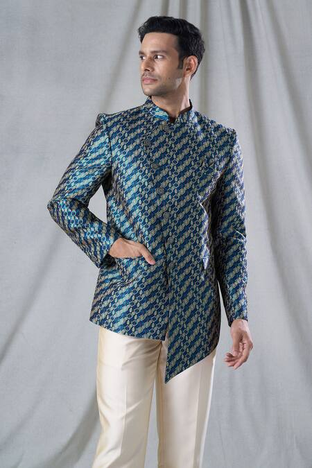 Arihant Rai Sinha Green Jacquard, Rayon Embroidery Thread Work Bandhgala And Pant Set at Aza Fashions Arihant Rai Sinha_Green Jacquard, Rayon Embroidery Thread Work Bandhgala And Pant Set _at_Aza_Fashions