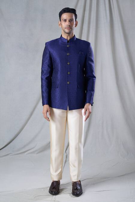 Arihant Rai Sinha Blue Jacquard, Rayon Embroidery Bandhgala And Pant Set Online at Aza Fashions Arihant Rai Sinha_Blue Jacquard, Rayon Embroidery Bandhgala And Pant Set _Online_at_Aza_Fashions