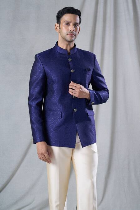 Shop Arihant Rai Sinha Blue Jacquard, Rayon Embroidery Bandhgala And Pant Set Online at Aza Fashions Shop_Arihant Rai Sinha_Blue Jacquard, Rayon Embroidery Bandhgala And Pant Set _Online_at_Aza_Fashions