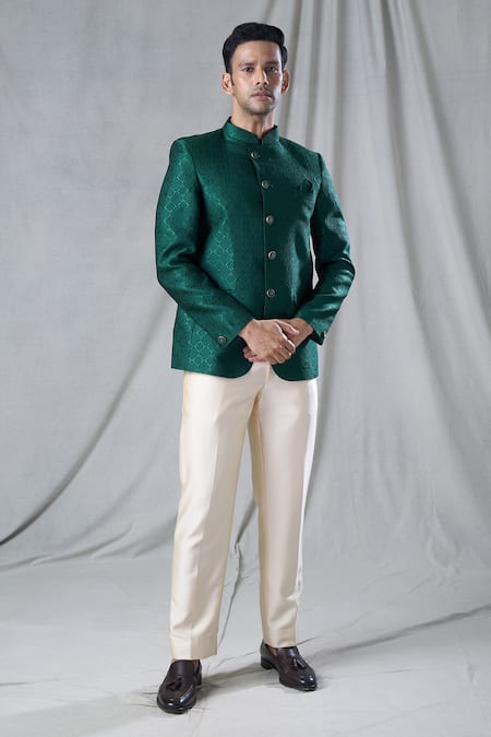 Arihant Rai Sinha Green Jodhpuri Jacquard Woven Floral Butti Pattern With Trouser