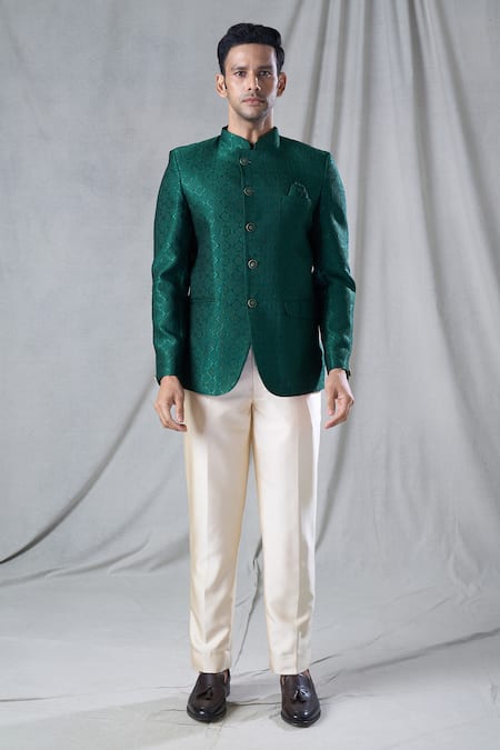 Arihant Rai Sinha Green Jacquard, Terrycloth Embroidery Floral Butti Pattern Jodhpuri With Trouser Online at Aza Fashions Arihant Rai Sinha_Green Jacquard, Terrycloth Embroidery Floral Butti Pattern Jodhpuri With Trouser_Online_at_Aza_Fashions