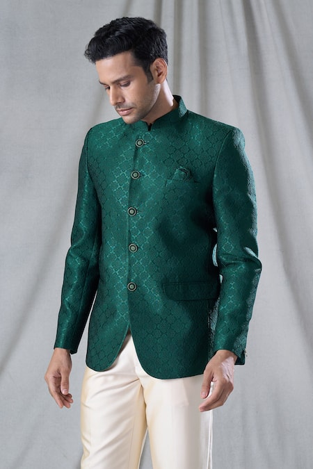 Shop Arihant Rai Sinha Green Jacquard, Terrycloth Embroidery Floral Butti Pattern Jodhpuri With Trouser Online at Aza Fashions Shop_Arihant Rai Sinha_Green Jacquard, Terrycloth Embroidery Floral Butti Pattern Jodhpuri With Trouser_Online_at_Aza_Fashions