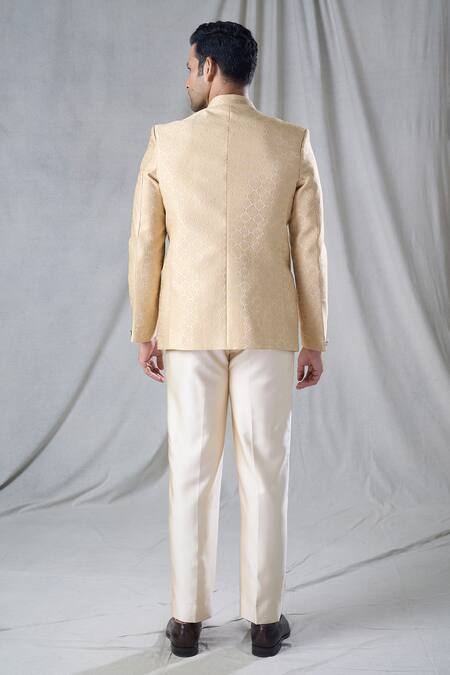 Shop Arihant Rai Sinha Gold Jacquard, Terrycloth Embroidery Floral Butti Jodhpuri And Trouser Set at Aza Fashions Shop_Arihant Rai Sinha_Gold Jacquard, Terrycloth Embroidery Floral Butti Jodhpuri And Trouser Set_at_Aza_Fashions