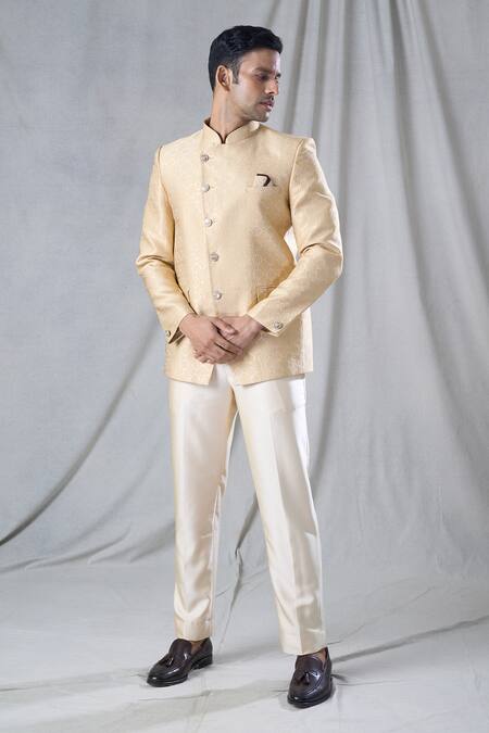 Shop Arihant Rai Sinha Gold Jacquard, Terrycloth Embroidery Floral Butti Jodhpuri And Trouser Set Online at Aza Fashions Shop_Arihant Rai Sinha_Gold Jacquard, Terrycloth Embroidery Floral Butti Jodhpuri And Trouser Set_Online_at_Aza_Fashions