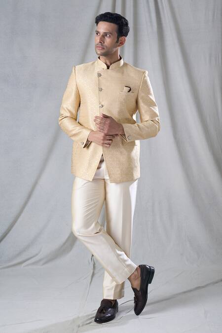 Arihant Rai Sinha Gold Jacquard, Terrycloth Embroidery Floral Butti Jodhpuri And Trouser Set at Aza Fashions Arihant Rai Sinha_Gold Jacquard, Terrycloth Embroidery Floral Butti Jodhpuri And Trouser Set_at_Aza_Fashions