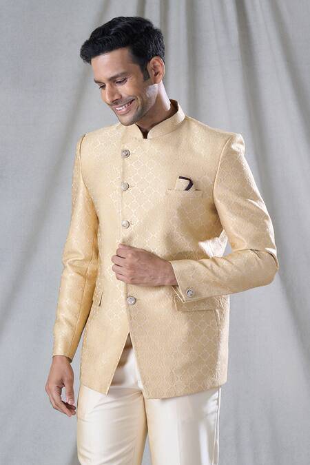 Buy Arihant Rai Sinha Gold Jacquard, Terrycloth Embroidery Floral Butti Jodhpuri And Trouser Set Buy_Arihant Rai Sinha_Gold Jacquard, Terrycloth Embroidery Floral Butti Jodhpuri And Trouser Set