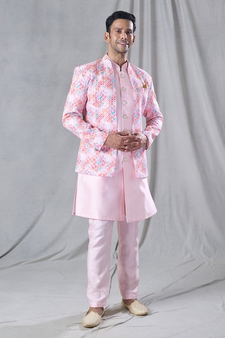 Arihant Rai Sinha Pink Kurta And Pant Silk Embroidery Flower Jacket & Set