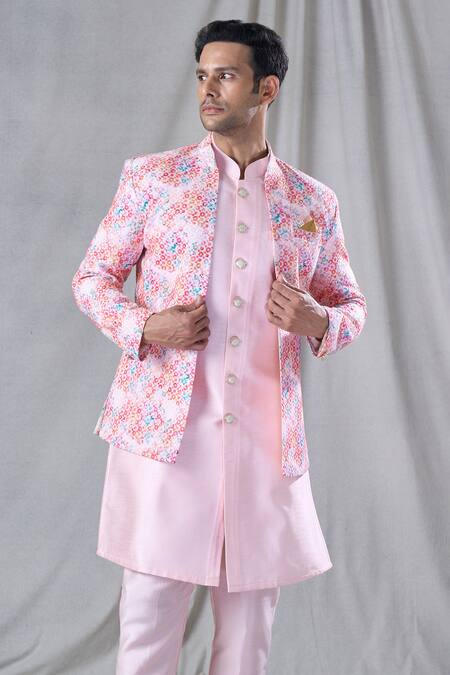 Arihant Rai Sinha Pink , Cotton, Satin Embroidery Flower Jacket And Kurta Set at Aza Fashions Arihant Rai Sinha_Pink , Cotton, Satin Embroidery Flower Jacket And Kurta Set _at_Aza_Fashions