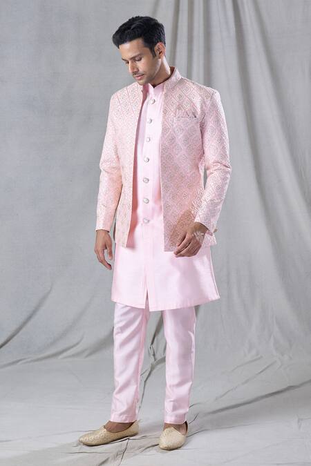 Shop_Arihant Rai Sinha_Pink Silk Zari, Embroidery Jacket And Kurta Set _Online_at_Aza_Fashions
