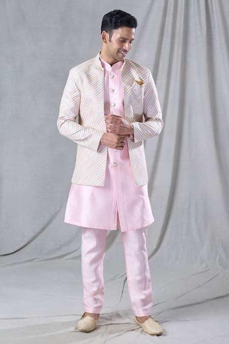 Arihant Rai Sinha Pink Kurta And Pant Silk Embroidery Stripe Pattern Jacket & Set