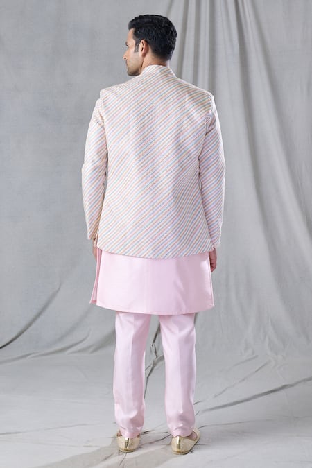 Shop Arihant Rai Sinha Pink , Cotton, Satin Sequins Stripe Pattern Jacket And Kurta Set at Aza Fashions Shop_Arihant Rai Sinha_Pink , Cotton, Satin Sequins Stripe Pattern Jacket And Kurta Set _at_Aza_Fashions