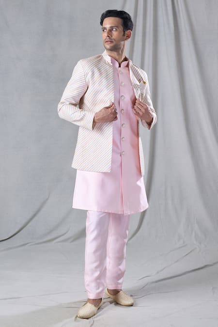 Arihant Rai Sinha Pink , Cotton, Satin Sequins Stripe Pattern Jacket And Kurta Set at Aza Fashions Arihant Rai Sinha_Pink , Cotton, Satin Sequins Stripe Pattern Jacket And Kurta Set _at_Aza_Fashions