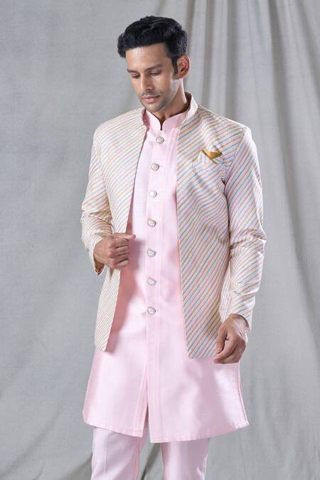 Buy Arihant Rai Sinha Pink , Cotton, Satin Sequins Stripe Pattern Jacket And Kurta Set Buy_Arihant Rai Sinha_Pink , Cotton, Satin Sequins Stripe Pattern Jacket And Kurta Set