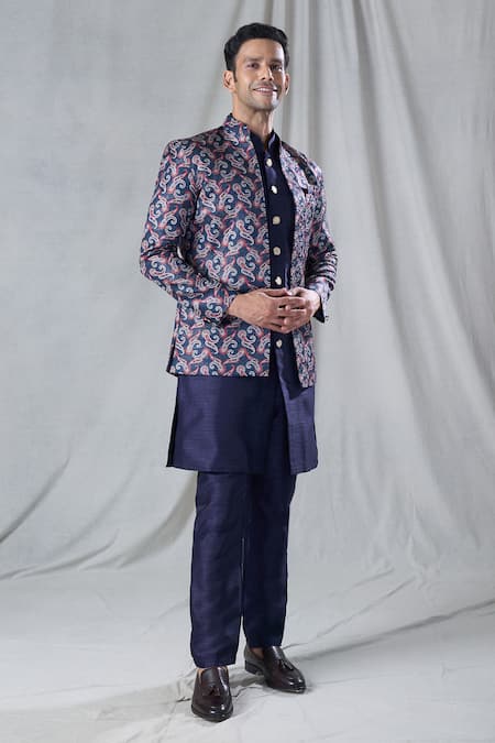 Arihant Rai Sinha_Blue Jacquard, Silk Embroidery Paisley Pattern Jacket And Kurta Set _at_Aza_Fashions