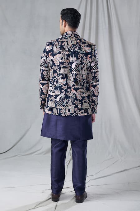 Shop Arihant Rai Sinha Blue Georgette, Silk Embroidery Village And Peacock Jacket & Kurta Set at Aza Fashions Shop_Arihant Rai Sinha_Blue Georgette, Silk Embroidery Village And Peacock Jacket & Kurta Set _at_Aza_Fashions