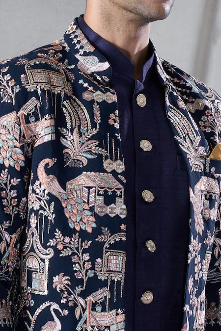 Buy Arihant Rai Sinha Blue Georgette, Silk Embroidery Village And Peacock Jacket & Kurta Set Online at Aza Fashions Buy_Arihant Rai Sinha_Blue Georgette, Silk Embroidery Village And Peacock Jacket & Kurta Set _Online_at_Aza_Fashions