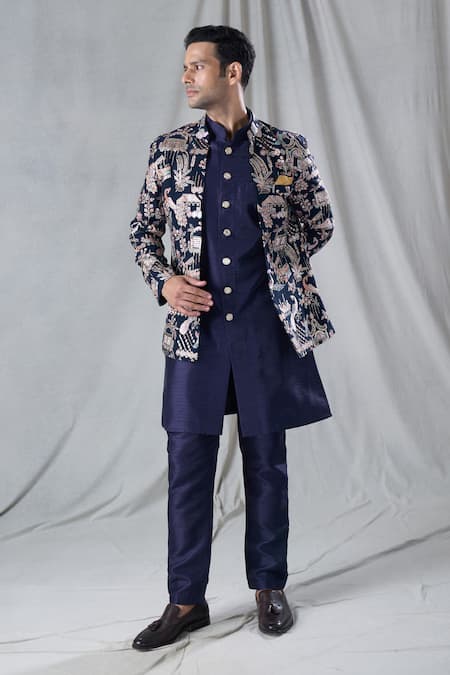Shop Arihant Rai Sinha Blue Georgette, Silk Embroidery Village And Peacock Jacket & Kurta Set Online at Aza Fashions Shop_Arihant Rai Sinha_Blue Georgette, Silk Embroidery Village And Peacock Jacket & Kurta Set _Online_at_Aza_Fashions