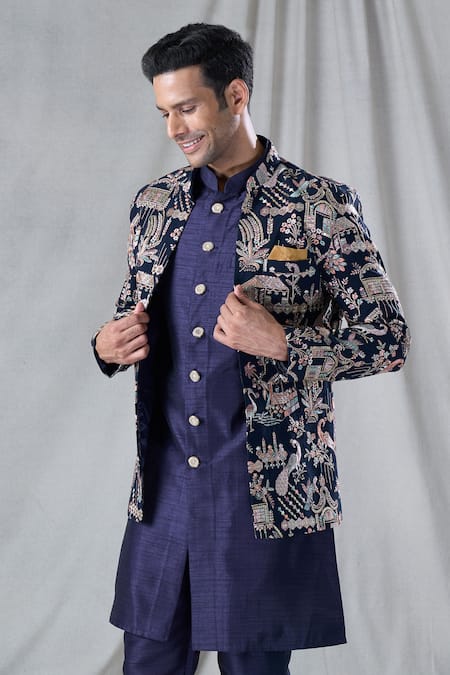 Arihant Rai Sinha Blue Georgette, Silk Embroidery Village And Peacock Jacket & Kurta Set at Aza Fashions Arihant Rai Sinha_Blue Georgette, Silk Embroidery Village And Peacock Jacket & Kurta Set _at_Aza_Fashions