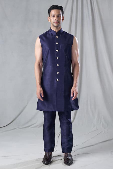 Buy Arihant Rai Sinha Blue Georgette, Silk Embroidery Village And Peacock Jacket & Kurta Set Buy_Arihant Rai Sinha_Blue Georgette, Silk Embroidery Village And Peacock Jacket & Kurta Set