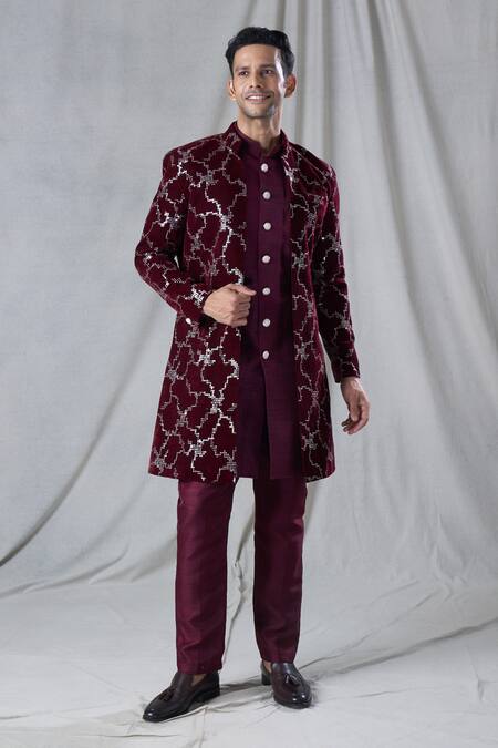 Buy_Arihant Rai Sinha_Maroon Velvet, Silk Sequins Abstract Embroidered Long Jacket And Kurta Set _Online_at_Aza_Fashions