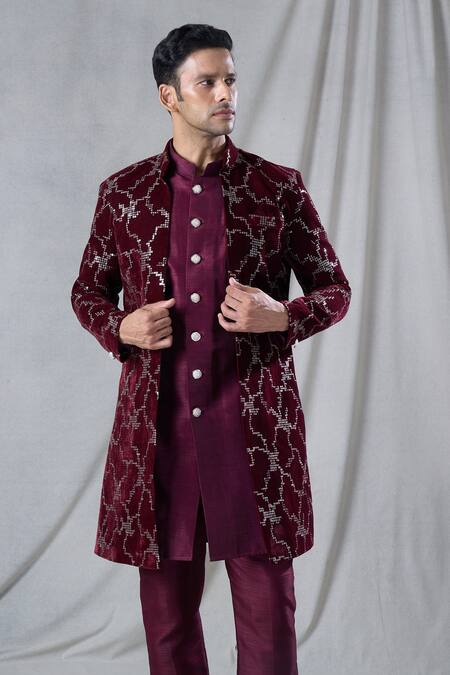 Shop_Arihant Rai Sinha_Maroon Velvet, Silk Sequins Abstract Embroidered Long Jacket And Kurta Set _Online_at_Aza_Fashions