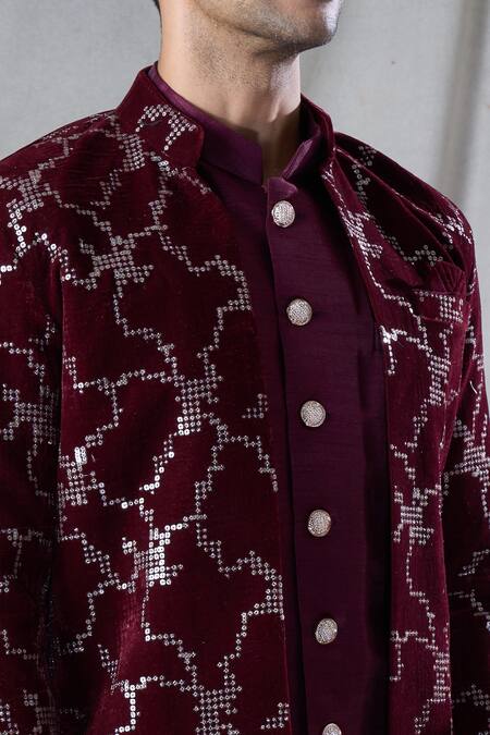 Arihant Rai Sinha_Maroon Velvet, Silk Sequins Abstract Embroidered Long Jacket And Kurta Set _at_Aza_Fashions