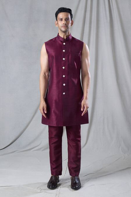 Arihant Rai Sinha_Maroon Velvet, Silk Sequins Geometric Embroidered Jacket And Kurta Set _Online_at_Aza_Fashions