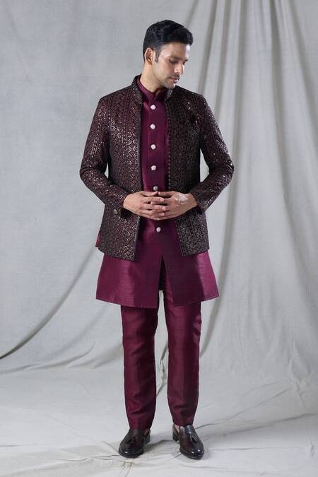 Buy_Arihant Rai Sinha_Maroon Velvet, Silk Sequins Geometric Embroidered Jacket And Kurta Set _Online_at_Aza_Fashions