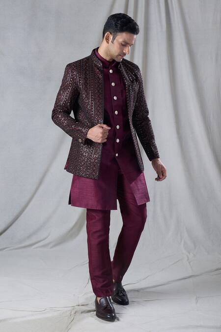 Shop_Arihant Rai Sinha_Maroon Velvet, Silk Sequins Geometric Embroidered Jacket And Kurta Set _Online_at_Aza_Fashions