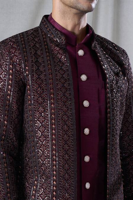 Arihant Rai Sinha_Maroon Velvet, Silk Sequins Geometric Embroidered Jacket And Kurta Set _at_Aza_Fashions