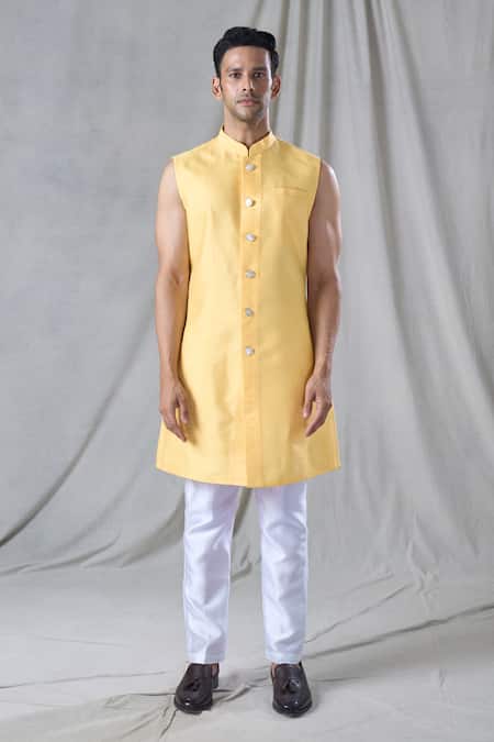Arihant Rai Sinha_Yellow Cotton, Silk Embroidery Flower Butti Jacket And Kurta Set _Online_at_Aza_Fashions