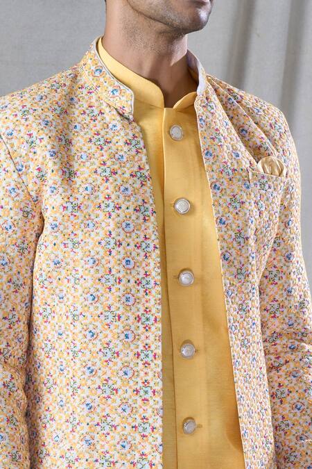 Buy_Arihant Rai Sinha_Yellow Cotton, Silk Embroidery Flower Butti Jacket And Kurta Set _Online_at_Aza_Fashions