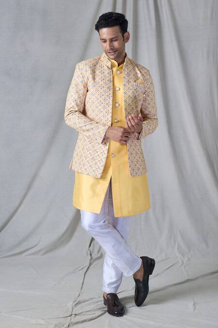 Shop_Arihant Rai Sinha_Yellow Cotton, Silk Embroidery Flower Butti Jacket And Kurta Set _Online_at_Aza_Fashions