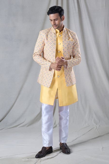 Arihant Rai Sinha_Yellow Cotton, Silk Embroidery Flower Butti Jacket And Kurta Set _at_Aza_Fashions